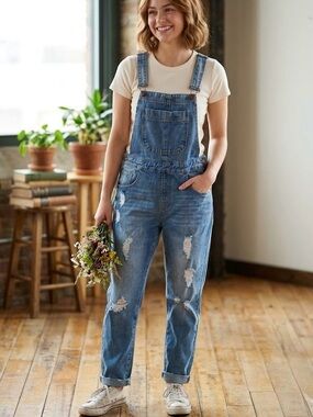 Forever 21 Distressed Denim Overalls Size 26 Boho Cottagecore Streetwear Bibs